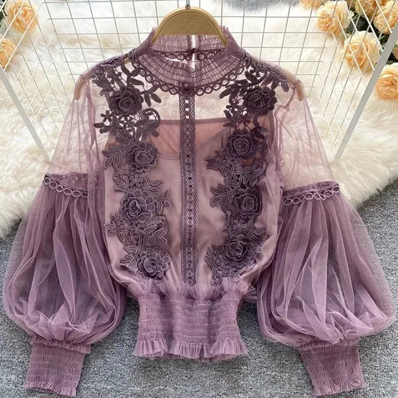Vintage-Inspired Floral Lace Mesh Blouse