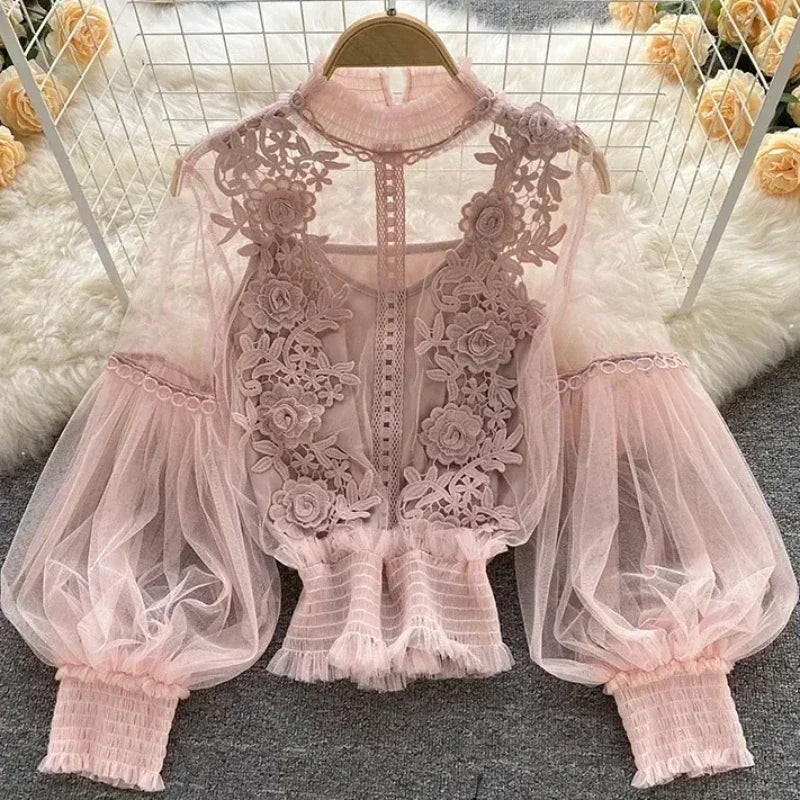 Vintage-Inspired Floral Lace Mesh Blouse