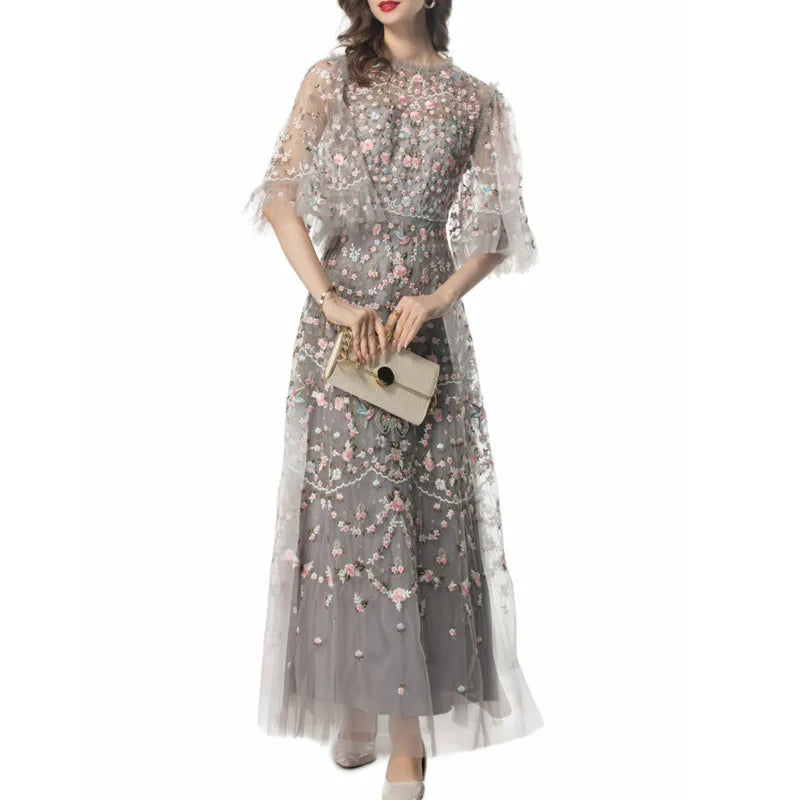 Embroidered Floral Mesh Evening Gown