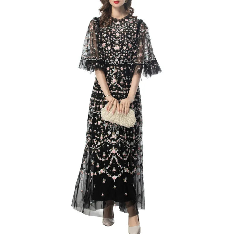 Embroidered Floral Mesh Evening Gown