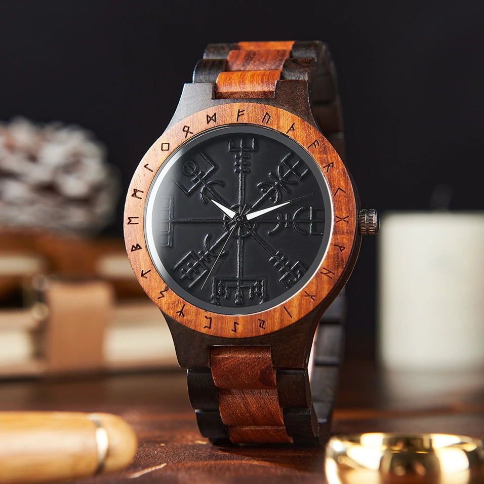 Viking Compass Wooden Timepiece
