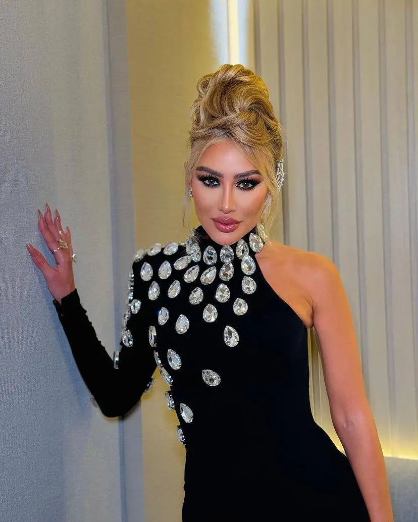 Crystal-Embellished One-Shoulder Glam Dress