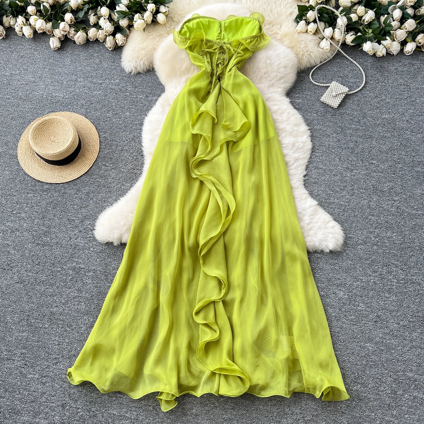 Ruffle Trim Corset Maxi Dress