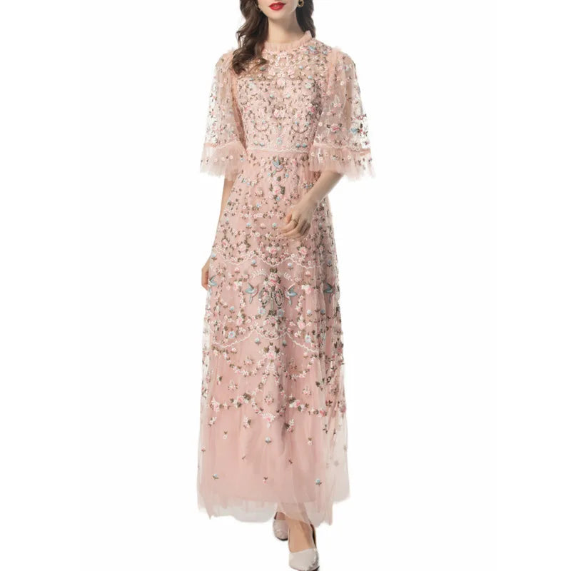 Embroidered Floral Mesh Evening Gown