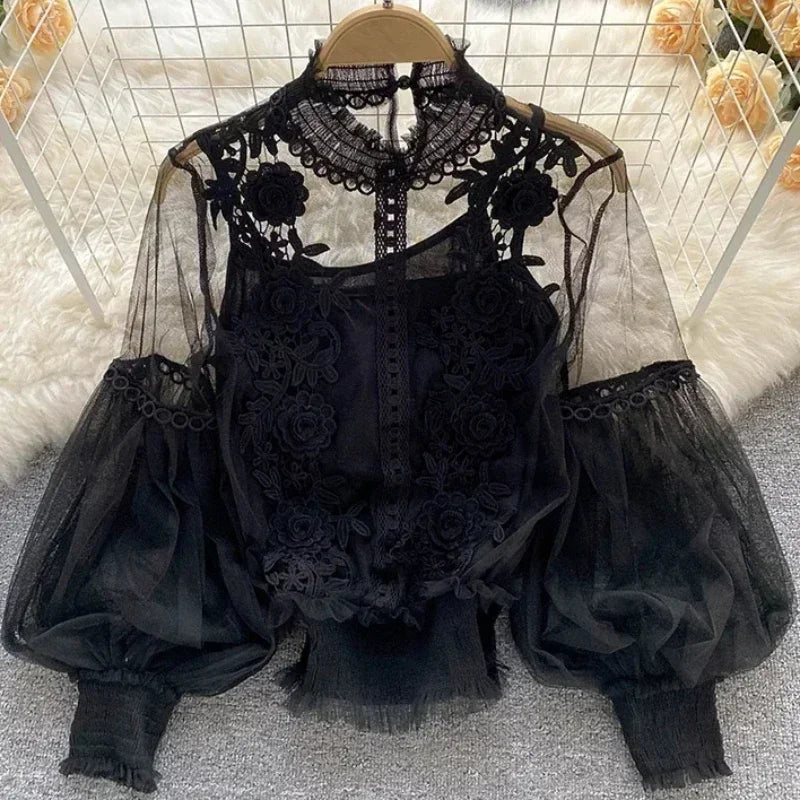 Vintage-Inspired Floral Lace Mesh Blouse