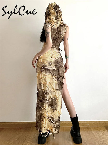 Distressed Mesh Maxi Dress
