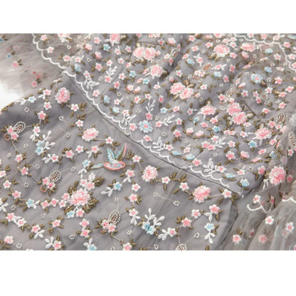 Embroidered Floral Mesh Evening Gown