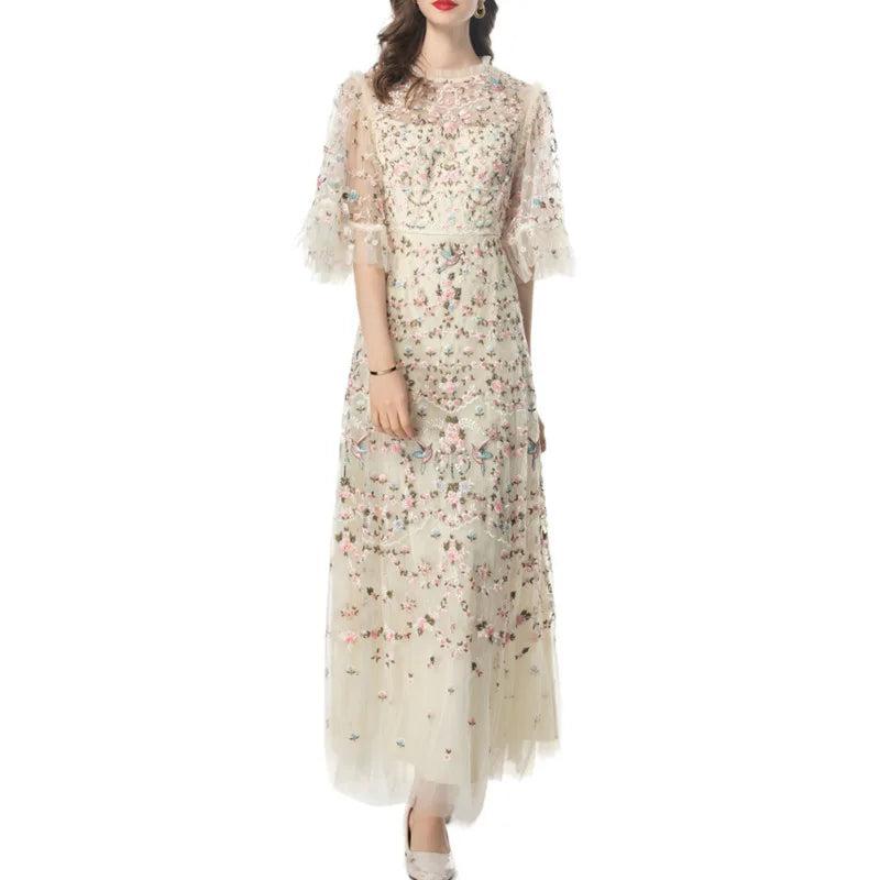 Embroidered Floral Mesh Evening Gown