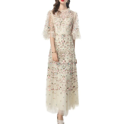 Embroidered Floral Mesh Evening Gown