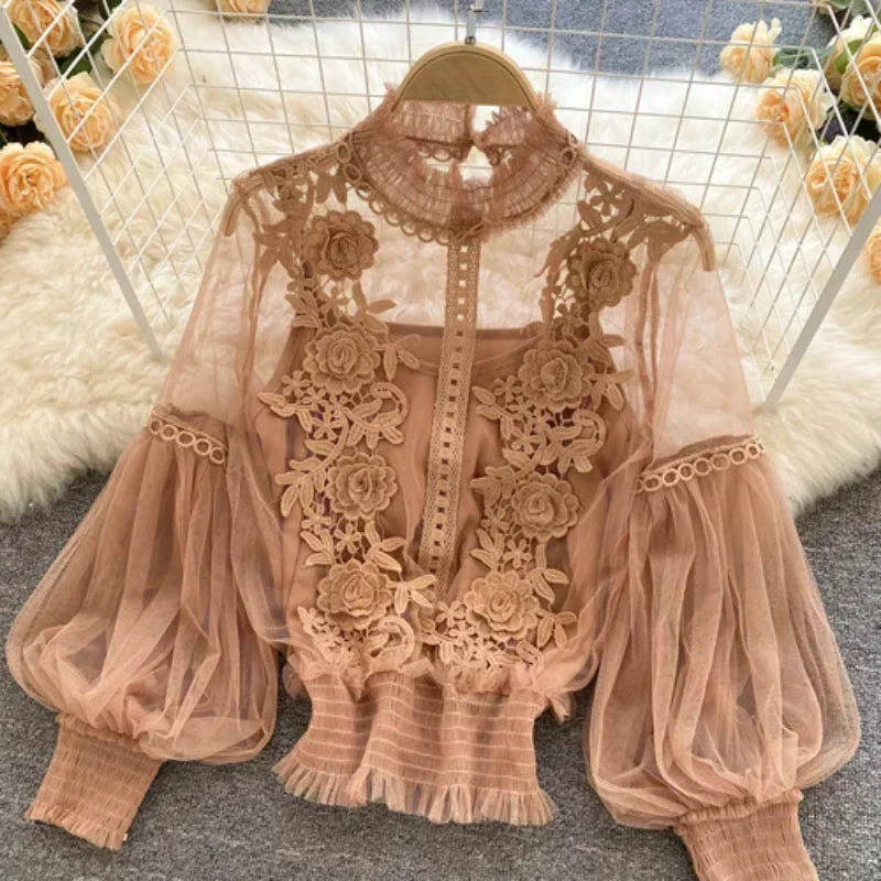 Vintage-Inspired Floral Lace Mesh Blouse