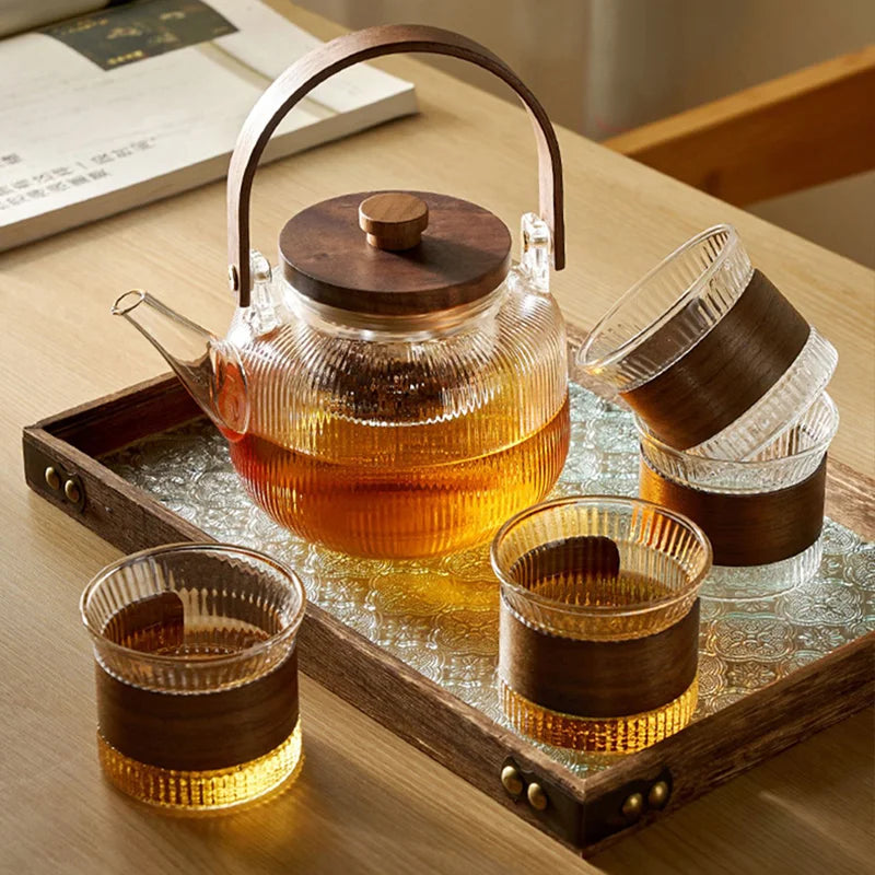 Glass Tea Set with Wooden Accents