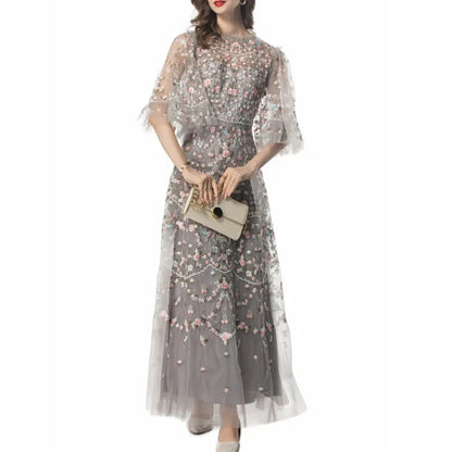 Embroidered Floral Mesh Evening Gown