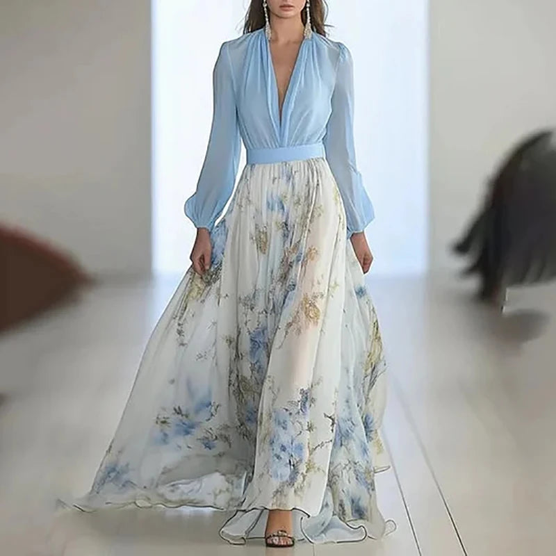 Chiffon Floral Maxi Dress with Plunge Neck