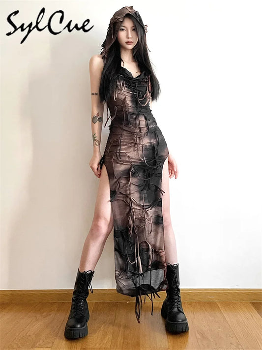 Distressed Mesh Maxi Dress