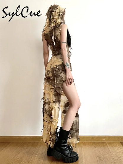 Distressed Mesh Maxi Dress