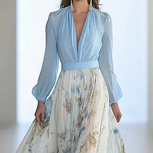Chiffon Floral Maxi Dress with Plunge Neck