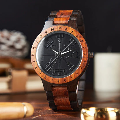 Viking Compass Wooden Timepiece