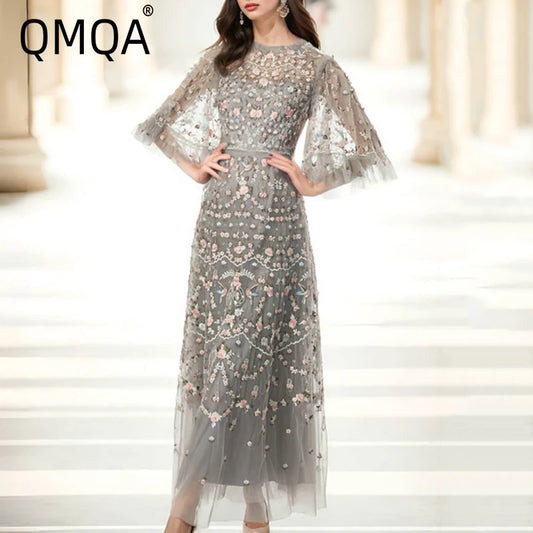 Embroidered Floral Mesh Evening Gown