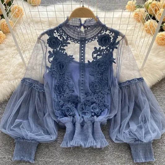 Vintage-Inspired Floral Lace Mesh Blouse