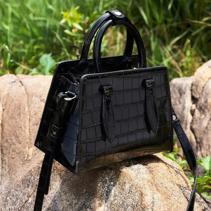 Black Croc-Embossed Glossy Tote