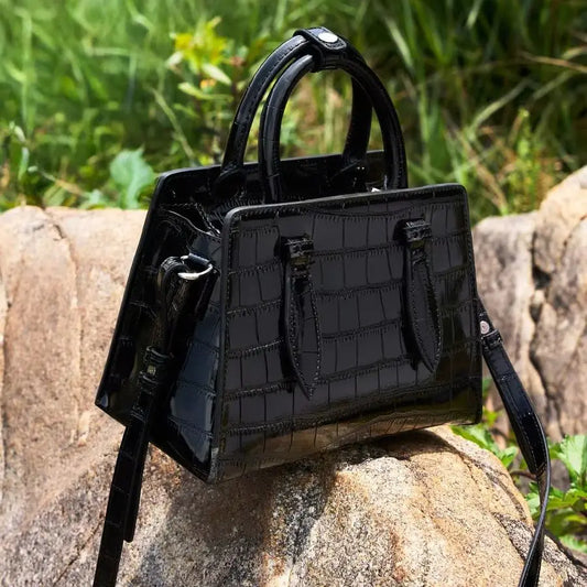 Black Croc-Embossed Glossy Tote
