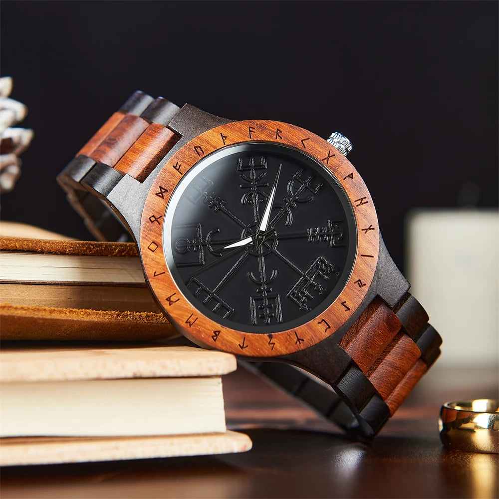 Viking Compass Wooden Timepiece