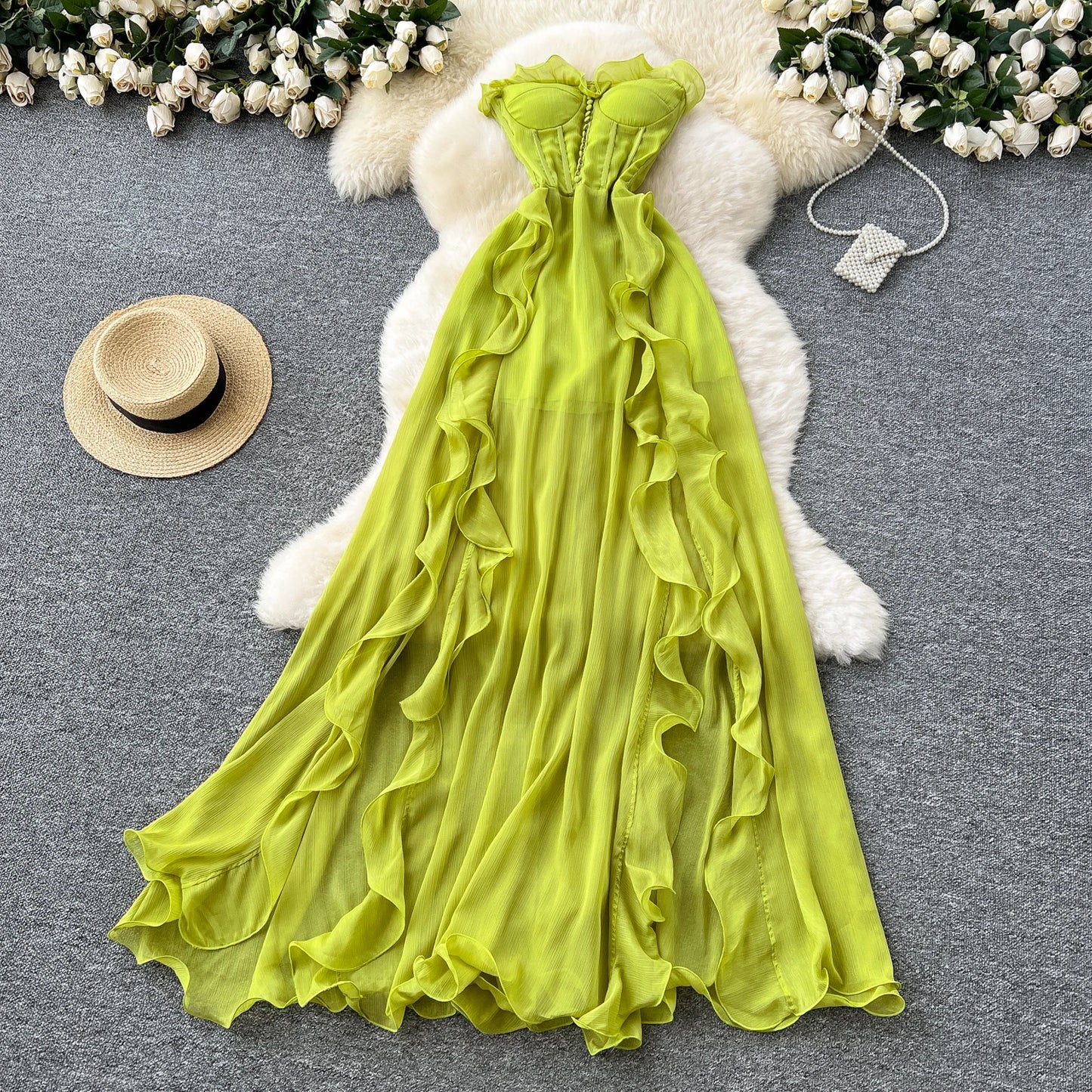 Ruffle Trim Corset Maxi Dress